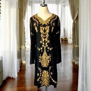 Vintage Embellished Dress Black Gold Beaded Sequined Silk